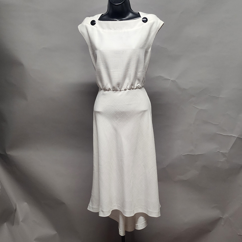 ICHI Elegant White Midi Dress with Button Accents